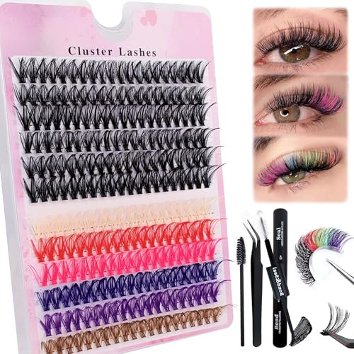 240 Pcs DIY Extensions de cils Set 0.07D Cils Uniques Individuels Faux cils Cluster Mix 6 couleurs avec colle à cils et pince à épiler pour débutants Réutilisable Touffes de cils (40D+Color)