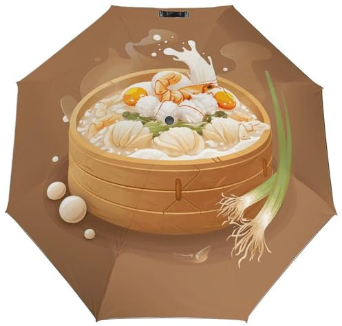 NQLYRE Fully Automatic Umbrella Travel Umbrella Wooden Bowl Dumplings Printed Windproof Umbrella Personalized Umbrella Car Umbrellafolding Portable Umbrella Unisex, style