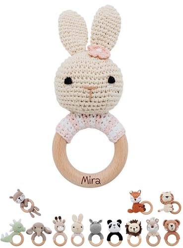 wunderwunsch® - Personalisierter Beißring Baby - Niedlicher Greifling für Baby's ab 0 Monate - Babyrassel mit Name als Baby Geschenk für Mädchen und Jungen (Hase gestreift rosa,ohne Name)
