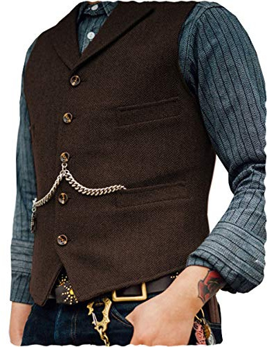 AeoTeokey Classic Mens Wool Tweed Suit Vest Casual Sleeveless Jacket Herringbone Waistcoat for Tuxedos(Coffee,4XL