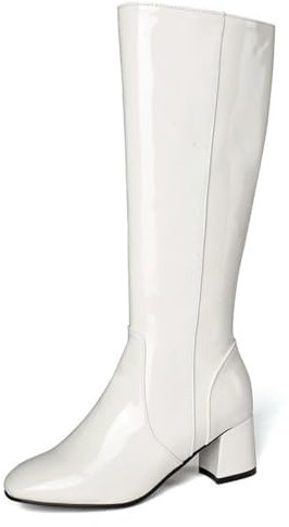 ANUFER Donna Vernice Ginocchio Alto Gogo Stivali Tacco Grosso Cerniera Laterale Stivali da Discoteca Bianco SD5A40730 EU35
