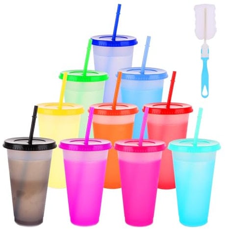 WOPPLXY 10 PCS Colour Changing Cups Tumblers with Lids & Straws, 24oz Cold Drinking Reusable Colorful Plastic Cup, Cold Water Ice Coffee Juice Drinking Cup for Party, Travel