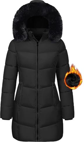 Tuopuda Manteau Femme Hiver Veste Polaire Chaud Parkas mi Longue Blouson Zippée à Capuche Coat Matelassée en Duvet Outercoat Slim Fit Coupe-Vent avec Poches, Noir, S