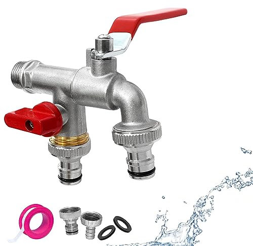 Brass Double Water Tap - 1/2 inch Outside Tap with Red Faucet and 2X3/4 inch Outlet Double Tap Ball Valve for Gardens Washing Machines Terraces Lawns