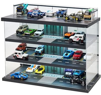 GALUMO Hot Wheels Garage Display Case with LED Light and Acrylic Cover, 1/64 Scale Diecast Toy Cars Storage, Holds 40 Cars, Transparent Acrylic Frame