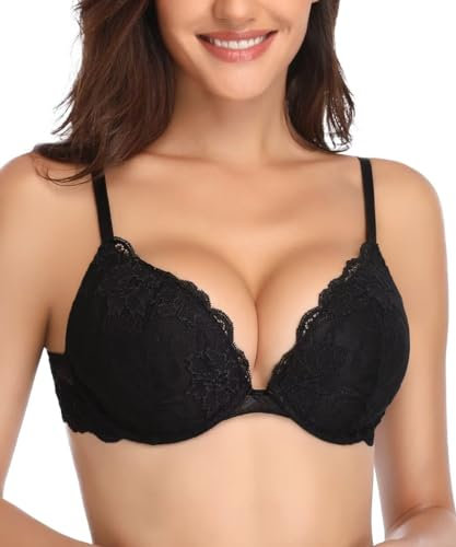 Deyllo Women's Push Up Lace Bra Sexy Deep V Lift Up Bra Underwire Padded Comfort Everyday Bra(Black,40F)