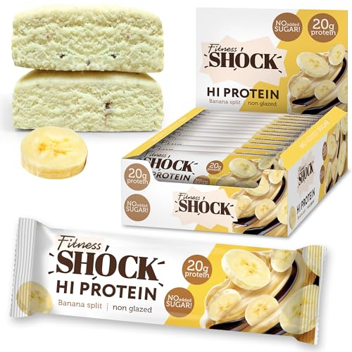 FitnesSHOCK High Proteinriegel Set mit hohem 20g Proteingehalt Eiweißriegel ohne Zuckerzusatz kalorienarm low carb ballaststoffreich Bananen-Split Geschmack 12Stk 60g