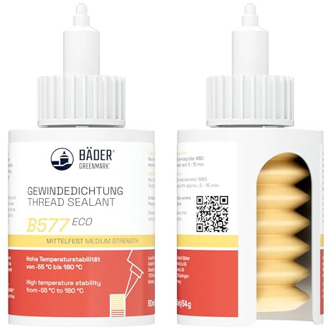 Lackfabrik Bäder Gewindedichtung B577 Eco Mittelfest Gelb 50ml – Anaerober Rohrdichtkleber, Gewindedichtung flüssig, Vibrationssicher, Kennzeichnungsfrei, Lebensmittelecht, Made in Germany