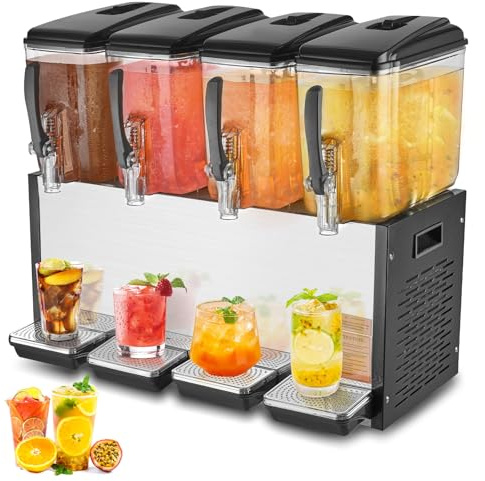 VEVOR Distributeur de Boissons Commercial 4 Réservoirs de 12 L, Fontaine à Eau 510 W, Distribution de Jus Limonade Thé Glacé, Température de Refroidissement 7-12 ℃, pour Restaurant, Hôtel, Café