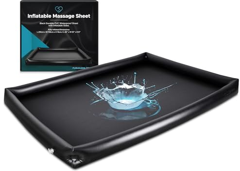 Aufblasbares Nuru-Massagetuch mit erhöhten Rändern, manuell, für Paare | Schwarze, wasserfeste Vinyl-Rutschmatte, 210 × 156 × 16 cm. Aufblasbare Ränder halten Gel und Wasser zurück.
