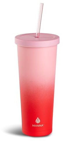 Manna Chilly Double-wall Vacuum Insulated Stainless Steel Tumbler with Splash-proof Lid and Reusable Tritan Straw - 24 Oz - Red Ombre