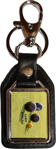 PJ4U Lawn Bowling Bowls Sport Black PU Leather Square Key Fob And Gift Bag