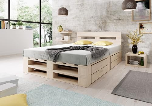 Lermowood Palettenbett M2 aus Holz 180 x 200 cm Natur mit Kopfteil und 2 Bettkästen Holzbett 30cm Stabiles Seniorenbett Kinderbett Jugendbett Gästebett erhöhtes Bettgestell Futon Komforthöhe Naturholz