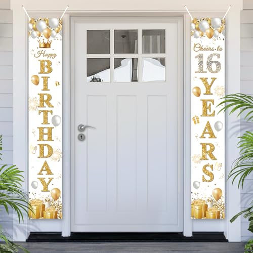PartyYaa Banner de 16º Cumpleaños, Decoración de Banner de Puerta para 16º Cumpleaños, Happy Birthday Banner Fondo de Photobooth para Fiestas Cartel Decorativo Póster para Niñas y Niños (Blanco Dorado