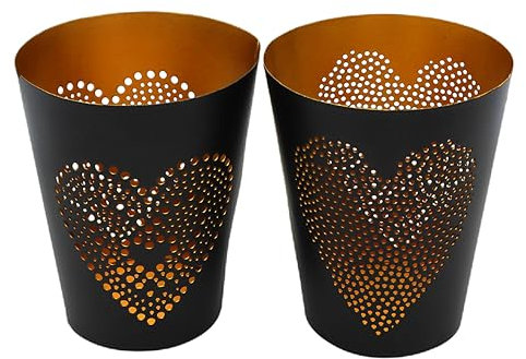 LivuX 2 Stück Windlichter Herz Motiv aus Metall - 14x 10 cm Schwarz Gold Kerzenhalter modernes Teelichthalter edle Tischdekoration 1105