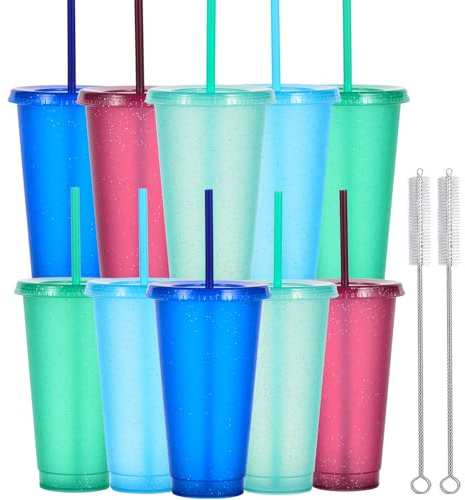 Yisituo 710ml Plastikbecher mit Deckel und Strohhalm,10 Stück für Erwachsene und Kinder Wiederverwendbare smoothie becher, perfekt für Partys, Strand und Poolpartys (10, Farbe)