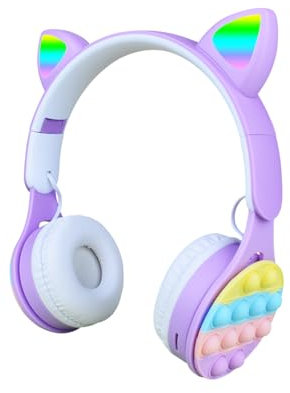 URIZONS Cuffie Bluetooth Cat Ear, LED Luminose, Pieghevoli, Stereo TWS Wireless con Pop-It Rainbow, Auricolari da Gaming (Purple)