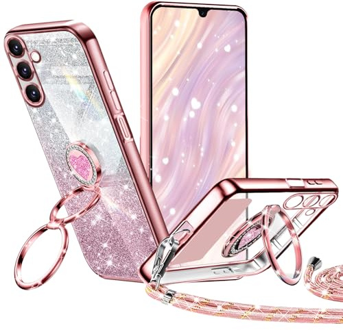 Tawarror Glitzer Handyhülle für Samsung Galaxy A16 Hülle mit Band, Galvanisierte Silikon Schutzhülle mit Herzen Doppelring Ständer, Kordel zum Umhängen Stossfest Case Roségold