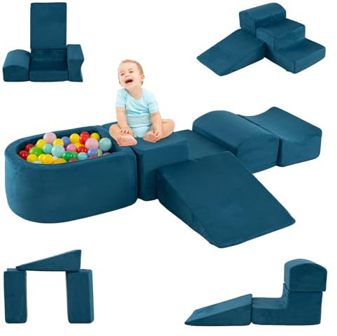 DREAMADE Parcours de motricité Bébé 5PCS avec Housse Lavable, Blocs de Construction avec Piscine à Balles, Module Motricité pour Enfant 3+ Ans (Bleu Turquoise)