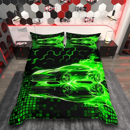 Homemissing Rennwagen Flamme Bettwäsche Set 135x200cm Für Kinder Jungen Teens Geschwindigkeit Sport Bettbezug Ultra Honeycomb Betten Extreme Sports Bettwäsche-Set Cool Modern Grid