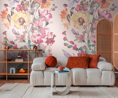 Livingwalls CosmoLiving Non-Woven Wallpaper with Floral Design in Pink, Yellow, Green – 8,80 x 0,53 m Floral Wallpaper by Cosmopolitan – 791453 | Floral flower motif as a natural eye-catcher - matte motif wallpaper, easy to stick and peel off without leaving a trace