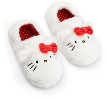 Hello Kitty Weiße Hausschuhe für Mädchen | Flauschige Hausschuhe mit 3D-Ohren und Schleife | Bequeme mit Cartoon-Motiv Merchandise