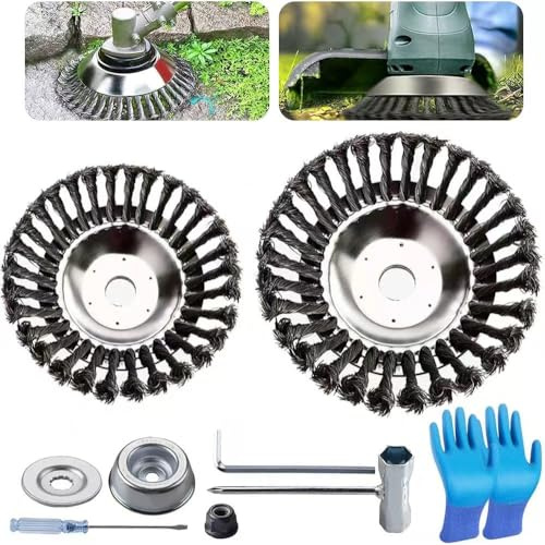 2 Stücke Unkrautbürste für Rasentrimmer,Profi Unkrautbürste für Freischneider mit 25,4mm Bohrung,Wildkrautbürste für Motorsense,Drahtbürste für Freischneider Inkl Installationszubehör