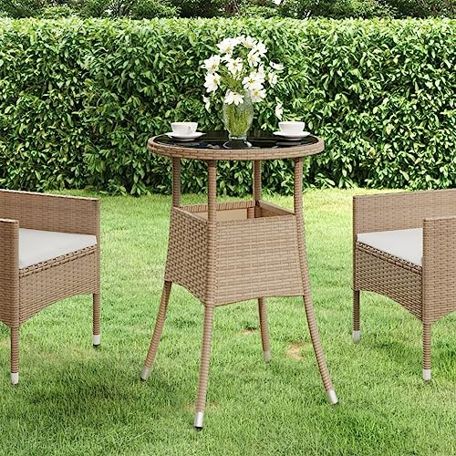 Mandloder Gartentisch Ø60x75 cm, Hartglas und Poly Rattan Beige, runder Bistrotisch für Garten, Terrasse, Balkon, robuste Outdoor Möbel