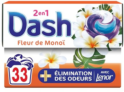 Dash 2en1 PODS Lessive en capsule Fleur de Monoi x33 | 33 lavages. Parfum Fleur de Monoi. 3 semaines de fraîcheur. Avec L’Adoucissant Lenor. Fabriqué en France