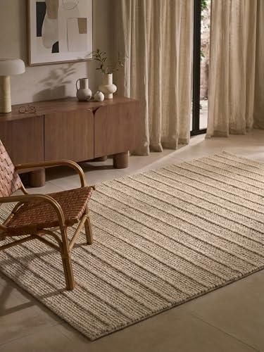 Ted Baker Wollteppich Parker - Natürlicher Wohnzimmerteppich, 100% Wolle, Handgewebt & Zeitlos, Naturfaser Teppich Gestreift Skandi für Wohnzimmer, Schlafzimmer, Esszimmer – Beige, 160x230 cm