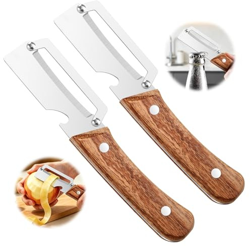 2PCS Multifunctional Vegetable Peelers for Kitchen, Stainless Steel Potato Peeler with Wooden Handle, Kitchen Peeler with Bottle Opener for Fruit, Carrot, Pumpkin, Essential Kitchen Tools