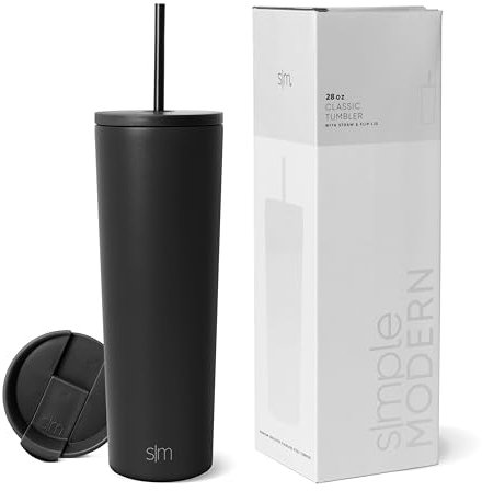 Simple Modern Thermobecher mit Strohhalm und Deckel | Trinkbecher mit Henkel Wiederverwendbare Edelstahl | Geschenke für Frauen und Männer | Classic | 830ml | Midnight Black