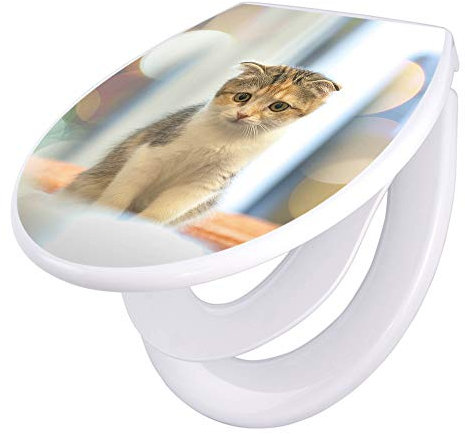 banjado Familien WC Sitz mit Absenkautomatik 44,5x37cm / Klodeckel/Klobrille mit Kindersitz aus hochwertigem Polypropylen/Toilettensitz Kindersitz integriert Motiv Kleine Katze