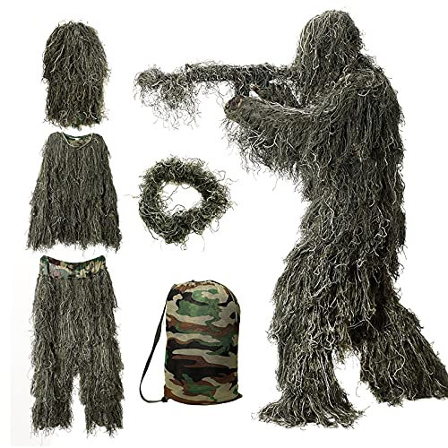 DoCred Ghillie-Anzug, 3D-Camouflage-Jagdbekleidung, 5-in-1, Ghillie-Anzug, inklusive Jacke, Hose, Kapuze, Tragetasche, Camouflage-Jagdkleidung für Männer, Erwachsene, Jugendliche