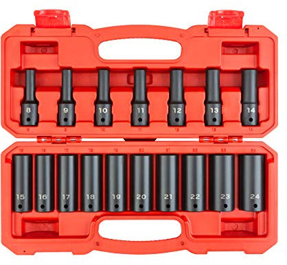 TEKTON 1/2 Inch Drive Deep 6-Point Impact Socket Set, 17-Piece (8-24 mm) | SID92329