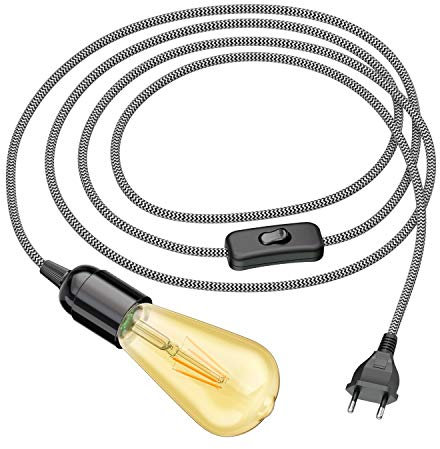 ledscom.de Textilkabel LEHA, Stecker, Schalter und E27 Fassung, schwarz/weiß, 3 m, inkl. E27 LED Vintage Retro gold extra-warmweiß 489lm