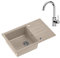 VBChome Spüle mit Armatur 78 x 50 cm Tiefes Becken 20cm Beige Küche Große Abtropfflache Einbauspüle Unterschränke ab 55 cm Verbundspüle Küchenspüle Einzelbecken + Siphon Wasserhahn Chrom