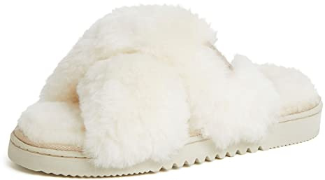 Fireside By Dearfoams Womens Newcastle Crossband All Over Shearling Easy On/Off Slide Slipper, Cream, 9 US