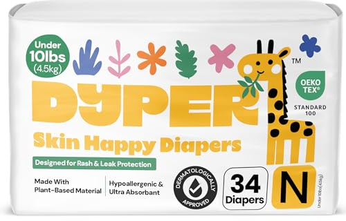 DYPER - Newborn Diapers Size 0 (34Count) - Plant Based Disposable Diapers for Day and Overnight Premium Leak Protection, Skin-Friendly Comfort with Soft Baby Diapers (Under 10 lbs)