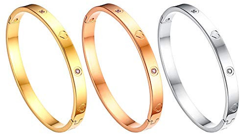 JewelryWe Schmuck Damen Armreif Edelstahl Zirkonia Herz Prägung Armband 6mm breit mit Schließe Armspange Gravur Länge 18cm Gold Rosegold Silber