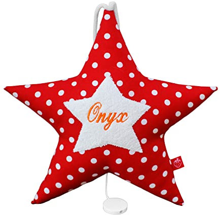 Babygeschenk zur Geburt Mädchen und Jungen - Spieluhr Stern handgenäht und personalisiert | viele verschiedene Melodien | Personalisiert mit Namen (rot mit Punkten)