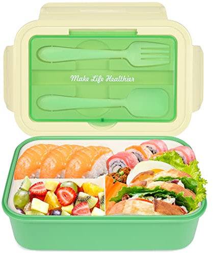 Cooja Brotdose Bento Lunch Box, 1400ML Lunchbox Erwachsene Kinder, Brotzeitbox Auslaufsicher mit 3 Fächern Brotbox Mikrowellengeeignet Eingebaut Besteckset Löffel & Gabel, Lindgrün