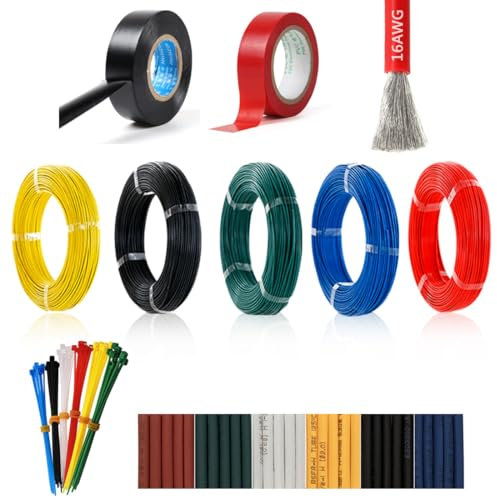 Câble d'alimentation en fil électrique en silicone super flexible 16 AWG, 5 couleurs x 13 pieds, fil de cuivre étamé toronné, ruban électrique haute et basse température et d'outillage inclus
