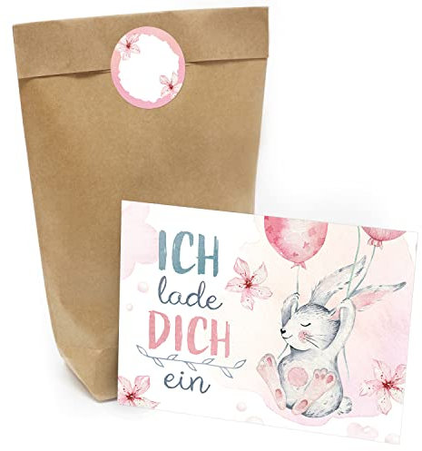 Kindergeburtstag Einladung Set mit je 8 Einladungskarten, Umschlägen, Tüten und Aufkleber - Hase mit Ballons