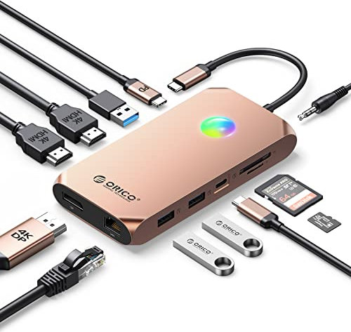 USB C Docking Station, ORICO 12 in 1 RGB Adapter, Dual 4K HDMI, DP 4K@60Hz, PD 100W, Ethernet, 3 USB 3.0, SD/TF, Audio, 14 RGB Beleuchtungsmodi, kompatibel für Windows/Mac OS