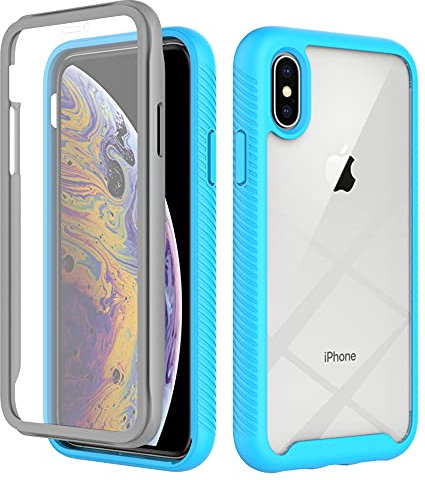 iPhone X/XS Case with Built-in Screen Protector, 360 Full Body Protective Cover, Heavy Duty Anti-Scratch Shockproof Slim Silicone Bumper Clear Phone Case for iPhone X/XS 5.8, Light Blue