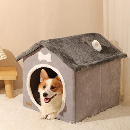 KSIEE Foldable Dog House Kennel Bed, Enclosed Warm Plush Sleeping Nest Bed with Removable Cushion for Pets Dogs Cats, Covered Small Pet Condos Indoor Cat Hideaway (L)