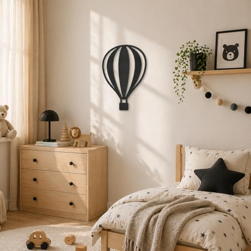 K&L Wall Art Schwarzes Holzbild Heißluftballon Wandbild aus Holz Ballon Wanddeko Kinderzimmer Holzdeko Schlafzimmer modern 30x40cm