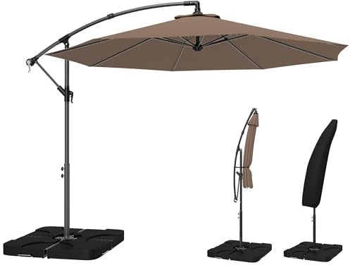 Outsunny 3 m Cantilever Parasol with Weights and Protective Cover, Cross Base, Offset Outdoor Umbrella with Crank Handle, Hanging Sun Shade, Coffee