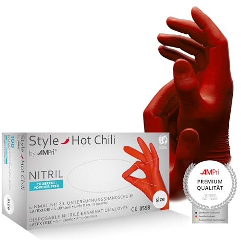 AMPri Nitrilhandschuhe, rot, 100 Stück/Box, Größe L, puderfrei, Style Hot Chili by Med-Comfort: Nitril Einmalhandschuhe, Einweghandschuhe in den Größen XS, S, M, L, XL